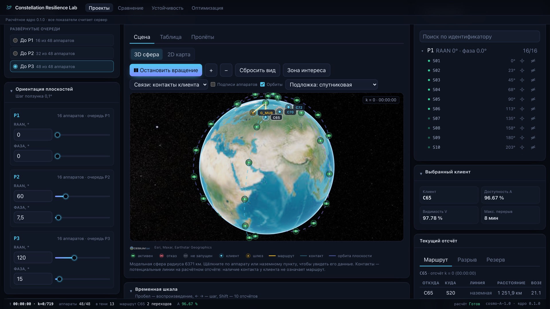 3D-сцена Cesium с аппаратами, контактами и маршрутом